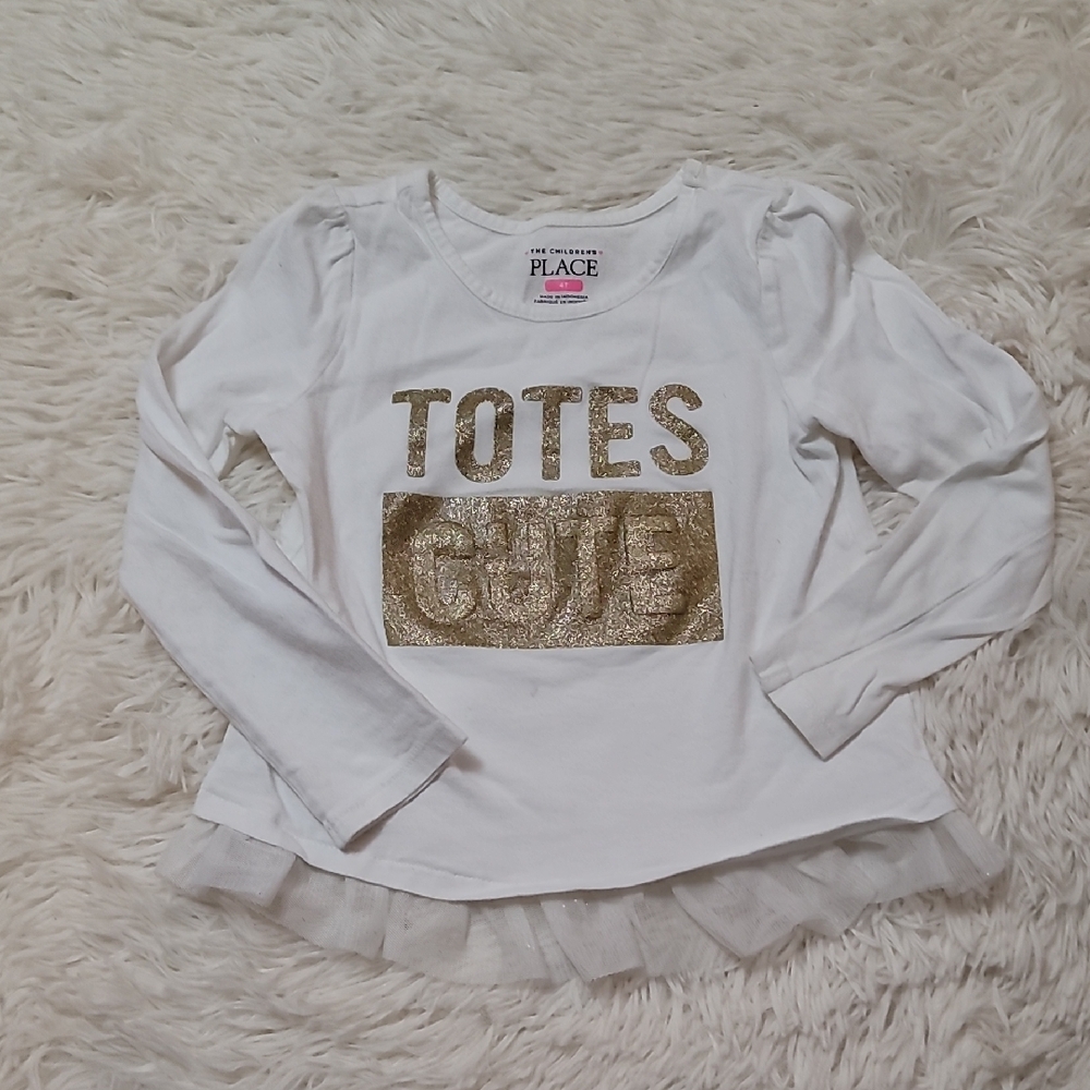 The Children's Place,White and Gold Long Sleeve Tee, Size 4, Girls